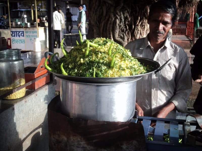 Poha sold at the main chowk in Mandu, Madhya Pradesh